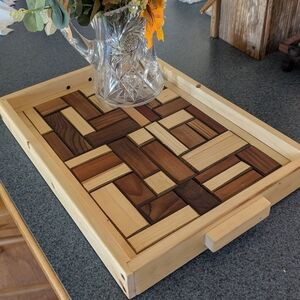 Hand Crafted Wooden Mosaic Tray - Brown and Tan